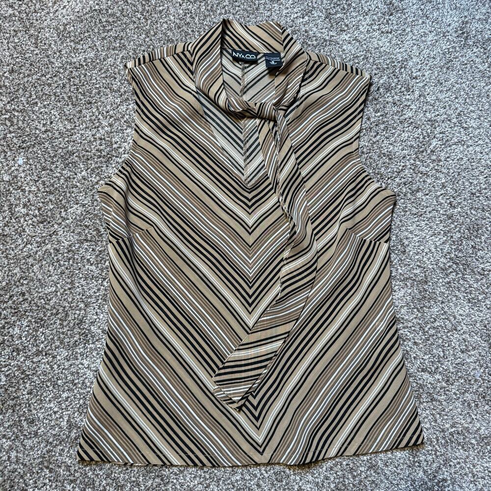 Vintage NY & Co Women Blouse Small Black Tan White Stripe‎ sleeveless Sheer Bow